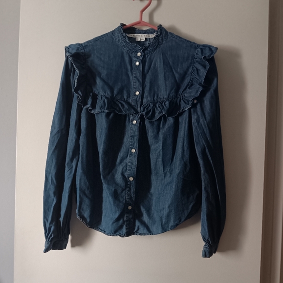 Veronica Beard Blue Ruffle-Trim Denim Blouse - Picture 2 of 6